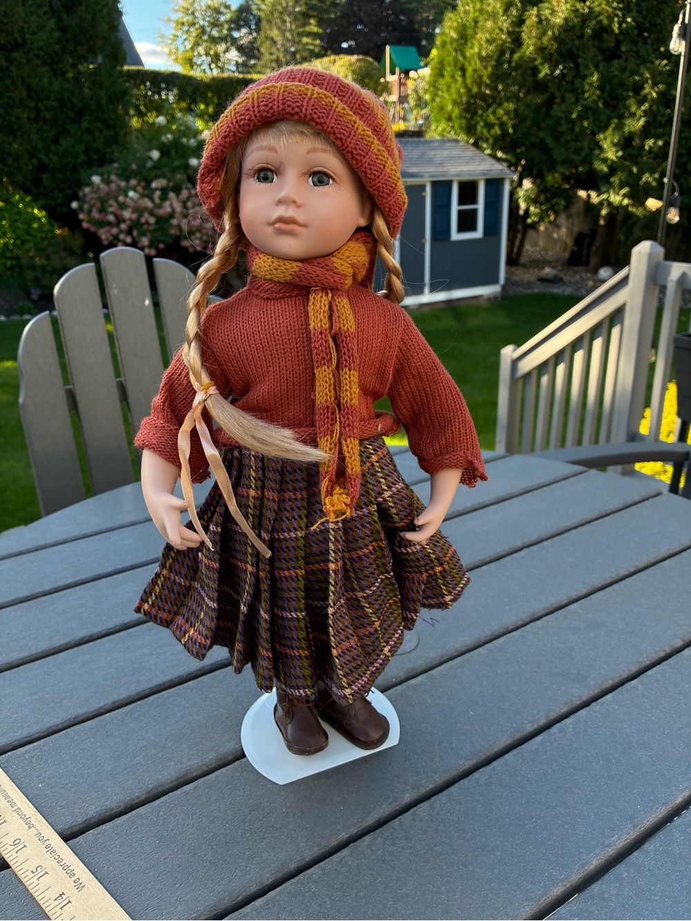 Autumn Plaid Dress & Knit Hat porcelin Doll - Rust Orange